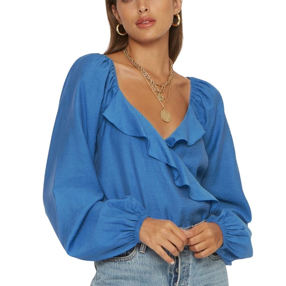 4S3NNAI RONI RUFFLE BALLOON SLEEVE BODYSUIT IN BLUE NWOT WOMEN'S‎ SIZE XS